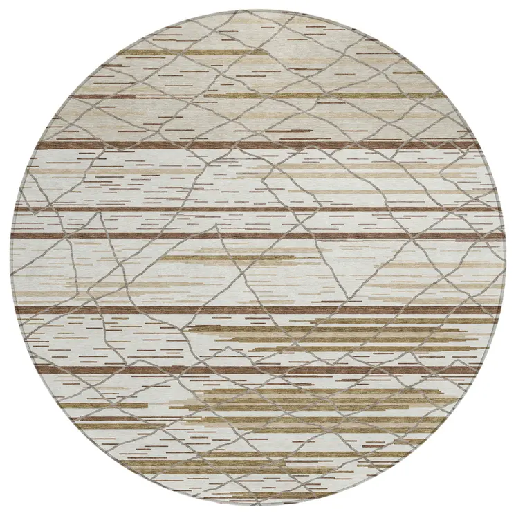 8' Ivory Brown And Beige Round Striped Washable Indoor Outdoor Area Rug