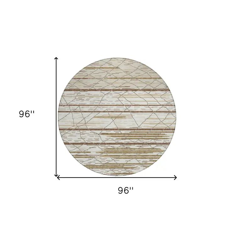 8' Ivory Brown And Beige Round Striped Washable Indoor Outdoor Area Rug