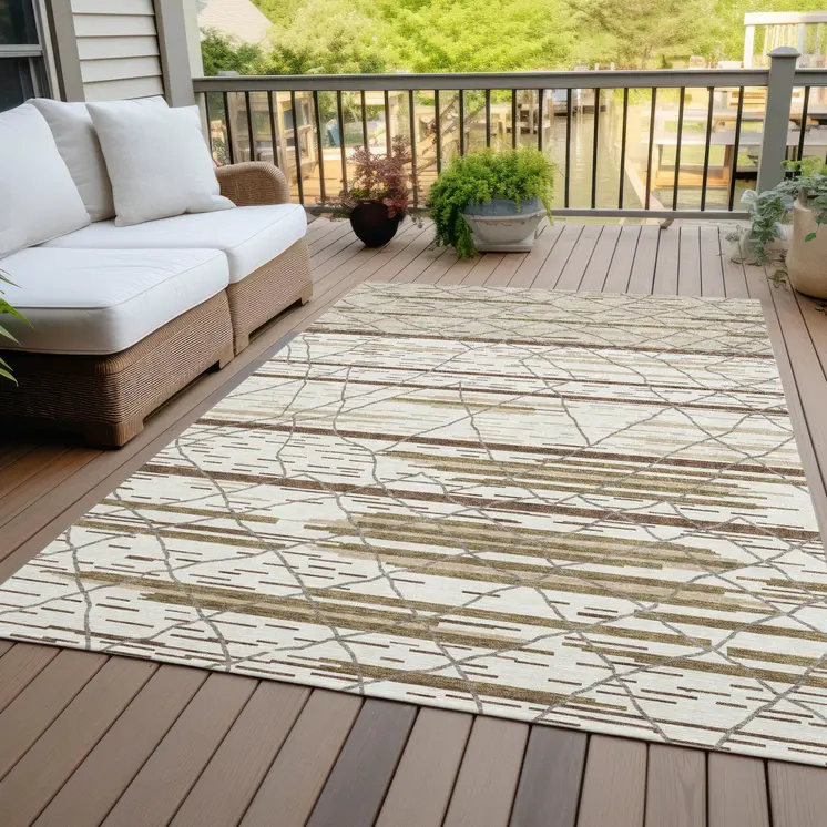 10' X 14' Ivory Brown And Beige Striped Washable Indoor Outdoor Area Rug