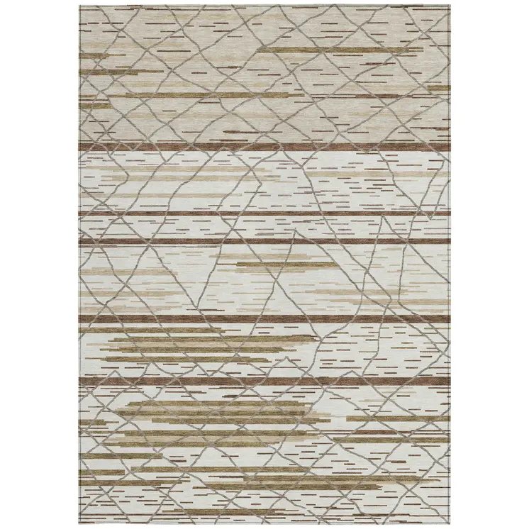 10' X 14' Ivory Brown And Beige Striped Washable Indoor Outdoor Area Rug