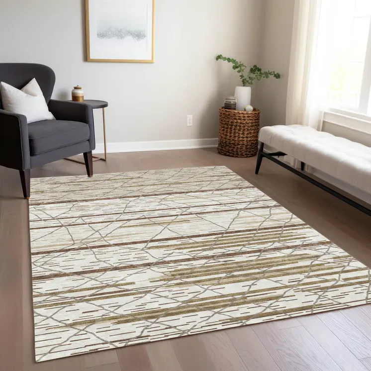 10' X 14' Ivory Brown And Beige Striped Washable Indoor Outdoor Area Rug