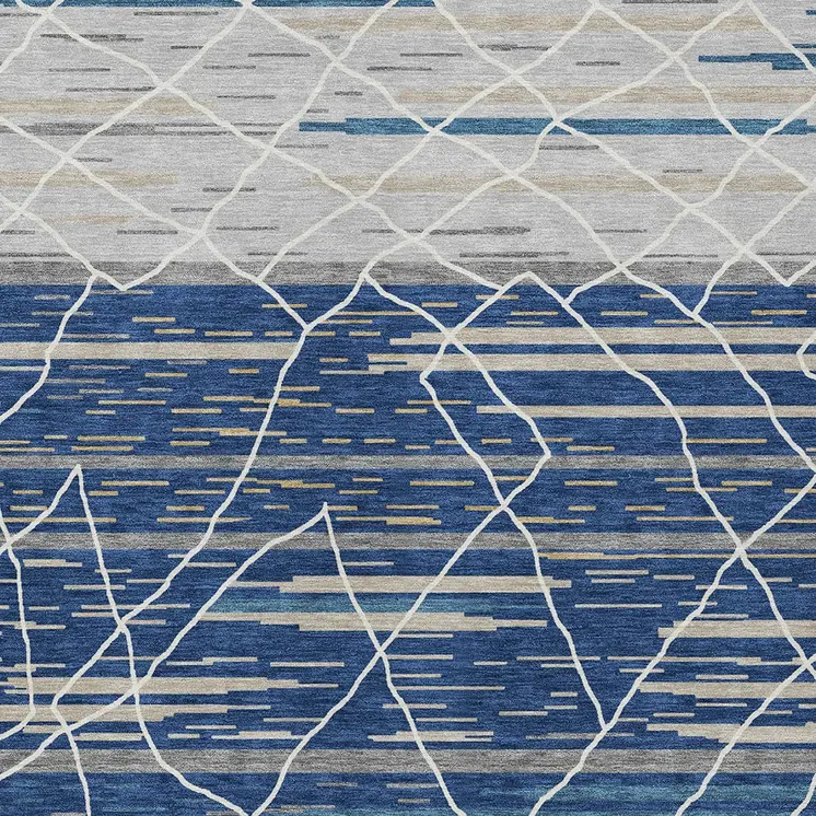 3' X 5' Navy Blue Gray And Ivory Striped Washable Indoor Outdoor Area Rug