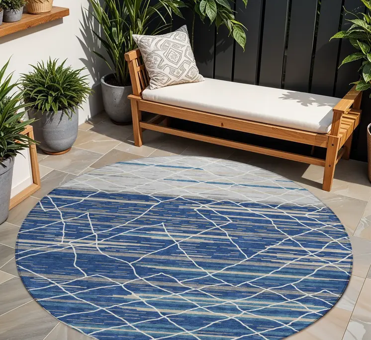 8' Navy Blue Gray And Ivory Round Striped Washable Indoor Outdoor Area Rug