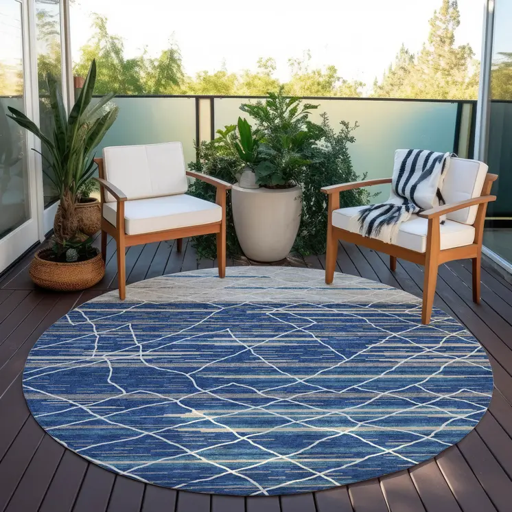 8' Navy Blue Gray And Ivory Round Striped Washable Indoor Outdoor Area Rug