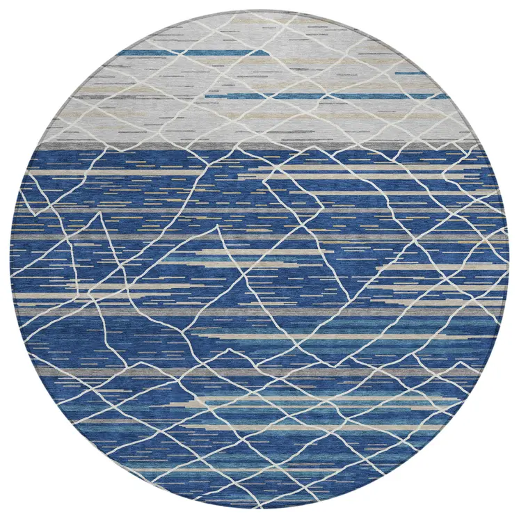 8' Navy Blue Gray And Ivory Round Striped Washable Indoor Outdoor Area Rug