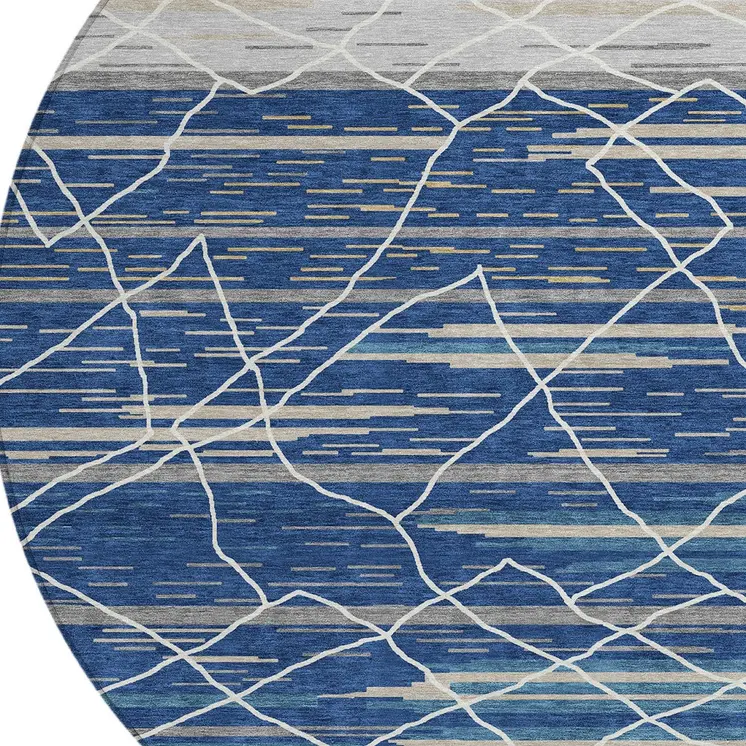 8' Navy Blue Gray And Ivory Round Striped Washable Indoor Outdoor Area Rug
