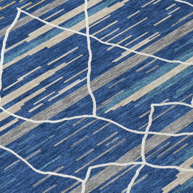 8' Navy Blue Gray And Ivory Round Striped Washable Indoor Outdoor Area Rug