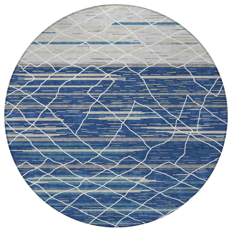8' Navy Blue Gray And Ivory Round Striped Washable Indoor Outdoor Area Rug