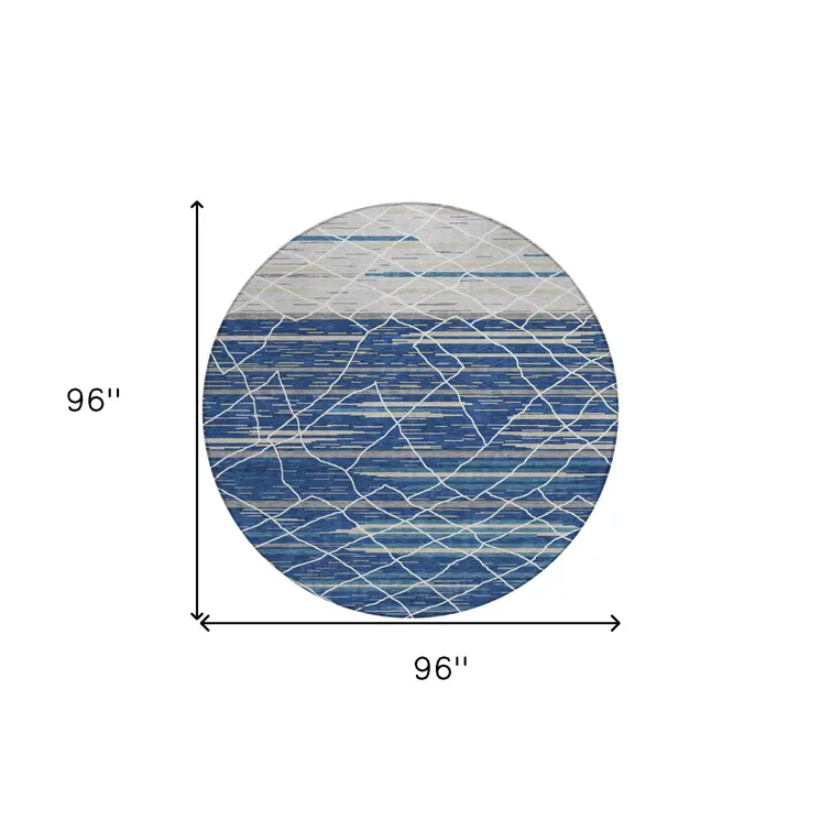 8' Navy Blue Gray And Ivory Round Striped Washable Indoor Outdoor Area Rug