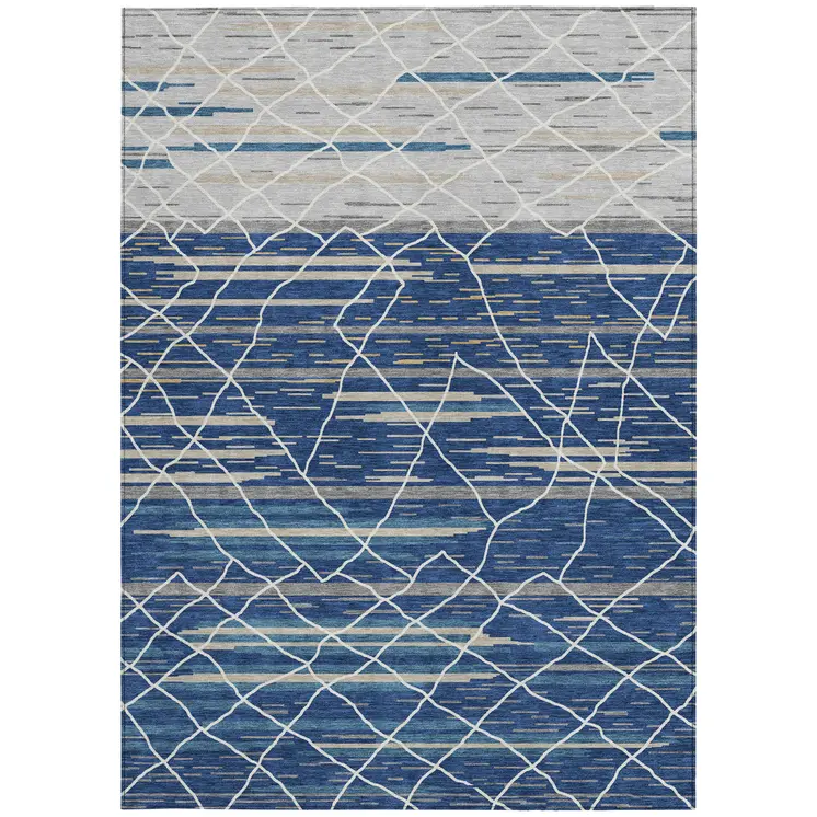 8' X 10' Navy Blue Gray And Ivory Striped Washable Indoor Outdoor Area Rug