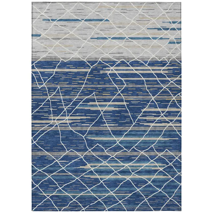 8' X 10' Navy Blue Gray And Ivory Striped Washable Indoor Outdoor Area Rug