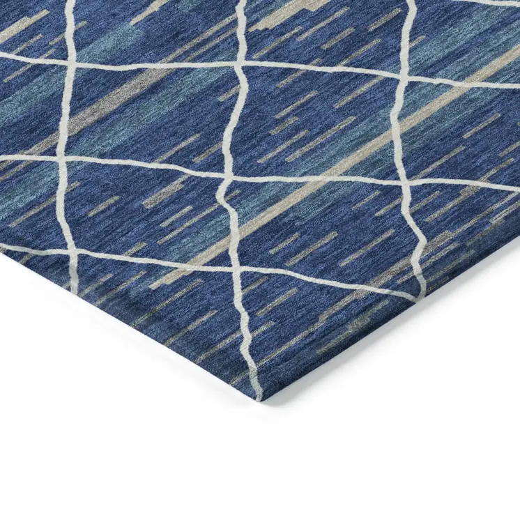 8' X 10' Navy Blue Gray And Ivory Striped Washable Indoor Outdoor Area Rug