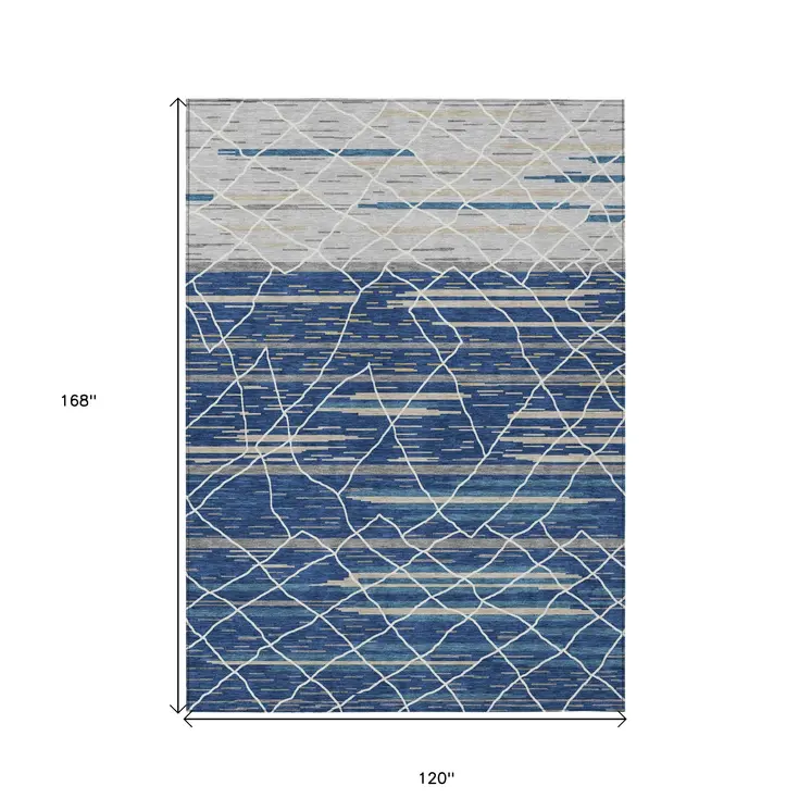 10' X 14' Navy Blue Gray And Ivory Striped Washable Indoor Outdoor Area Rug
