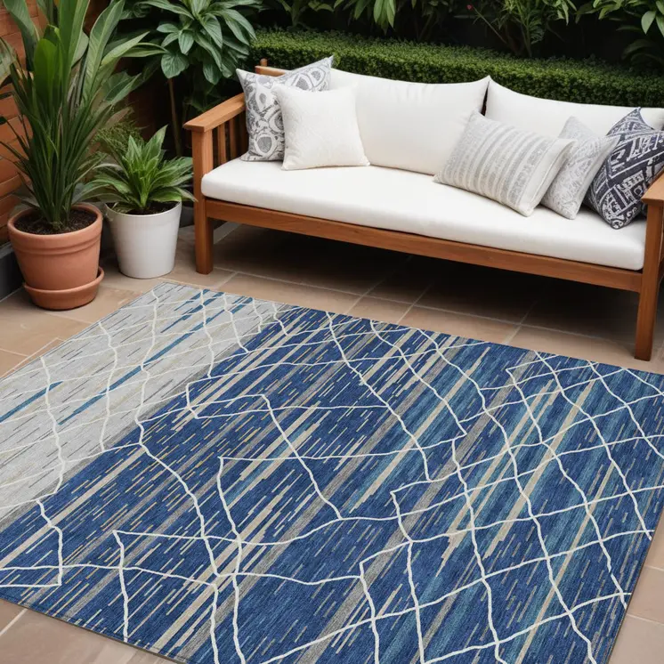 10' X 14' Navy Blue Gray And Ivory Striped Washable Indoor Outdoor Area Rug