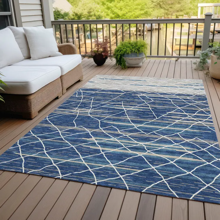 10' X 14' Navy Blue Gray And Ivory Striped Washable Indoor Outdoor Area Rug