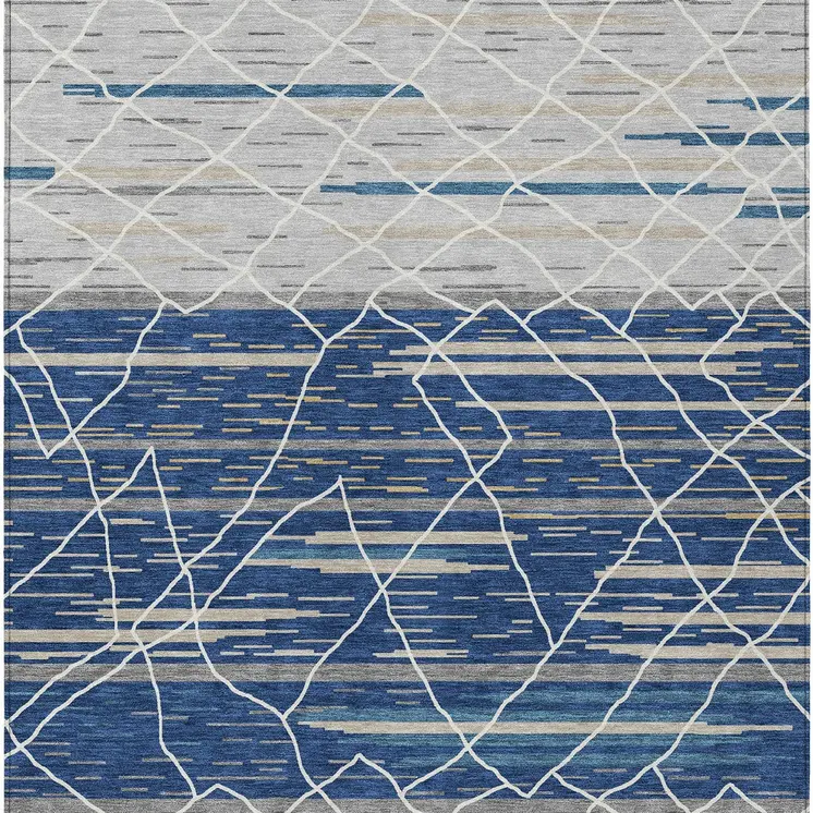 10' X 14' Navy Blue Gray And Ivory Striped Washable Indoor Outdoor Area Rug