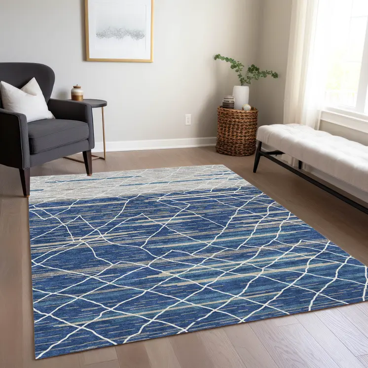 10' X 14' Navy Blue Gray And Ivory Striped Washable Indoor Outdoor Area Rug