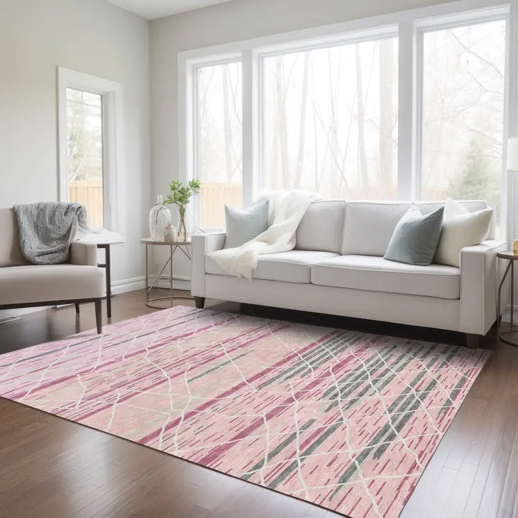 5' X 8' Pink Gray And Ivory Striped Washable Indoor Outdoor Area Rug