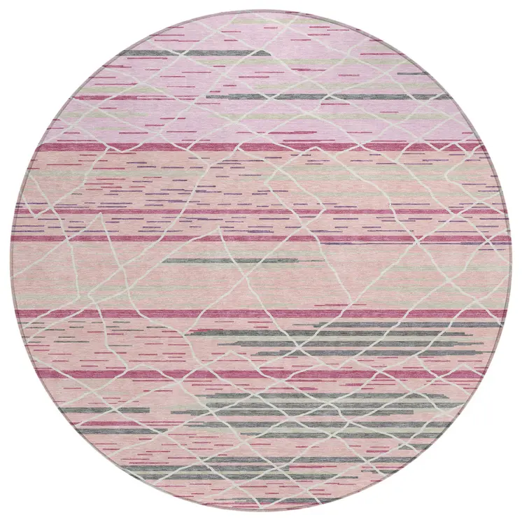 8' Pink Gray And Ivory Round Striped Washable Indoor Outdoor Area Rug
