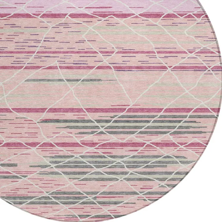 8' Pink Gray And Ivory Round Striped Washable Indoor Outdoor Area Rug