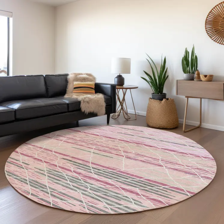 8' Pink Gray And Ivory Round Striped Washable Indoor Outdoor Area Rug