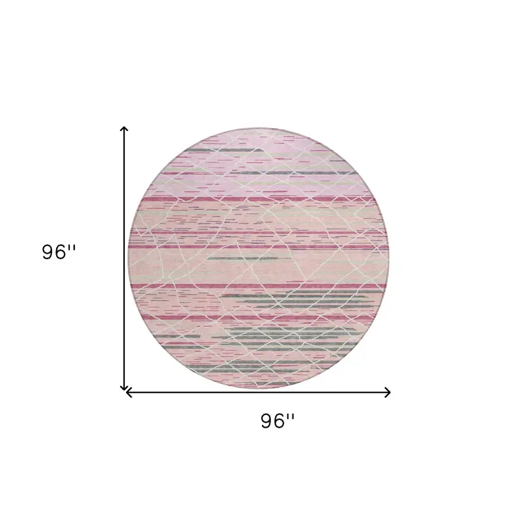 8' Pink Gray And Ivory Round Striped Washable Indoor Outdoor Area Rug