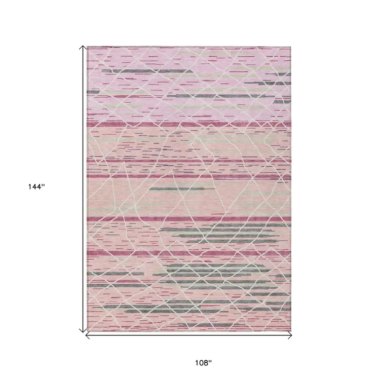 9' X 12' Pink Gray And Ivory Striped Washable Indoor Outdoor Area Rug
