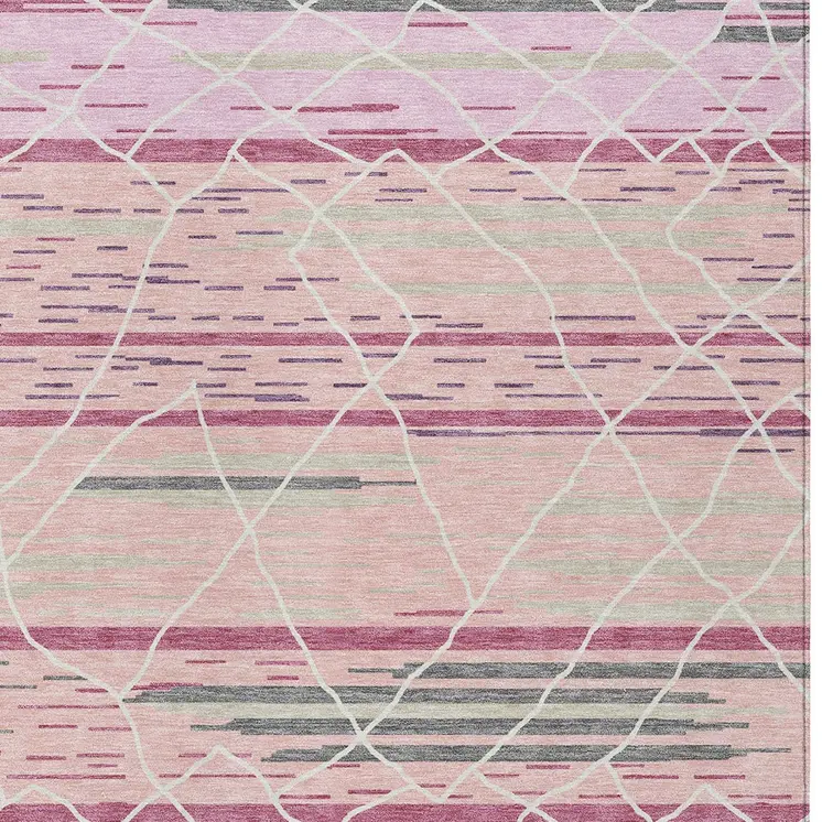 9' X 12' Pink Gray And Ivory Striped Washable Indoor Outdoor Area Rug