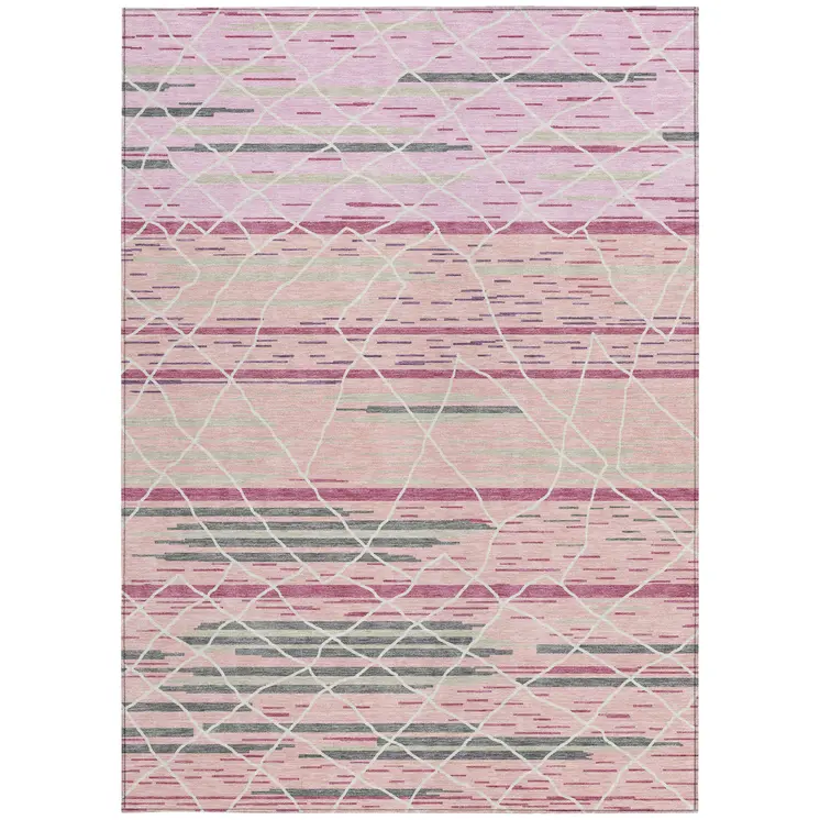 10' X 14' Pink Gray And Ivory Striped Washable Indoor Outdoor Area Rug