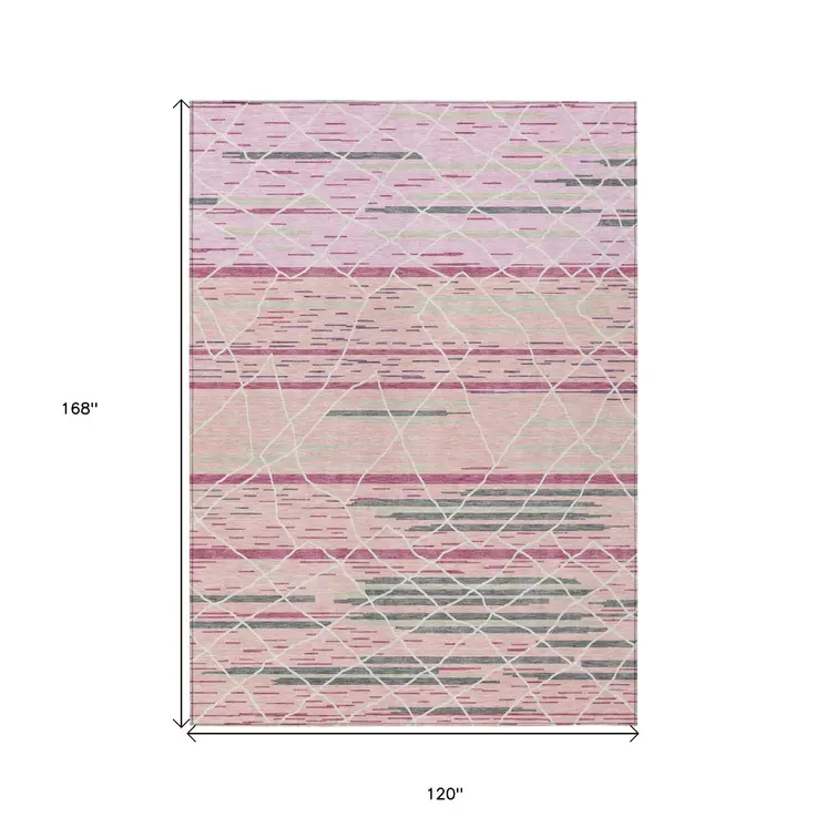10' X 14' Pink Gray And Ivory Striped Washable Indoor Outdoor Area Rug