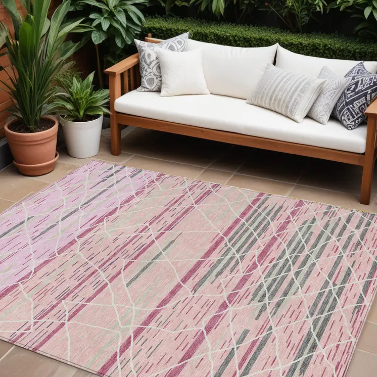 10' X 14' Pink Gray And Ivory Striped Washable Indoor Outdoor Area Rug