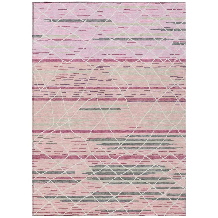 10' X 14' Pink Gray And Ivory Striped Washable Indoor Outdoor Area Rug
