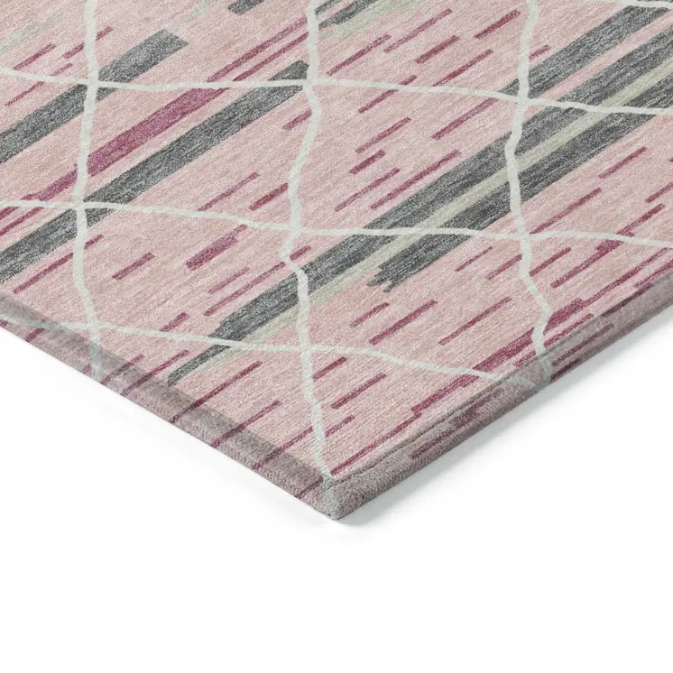 10' X 14' Pink Gray And Ivory Striped Washable Indoor Outdoor Area Rug