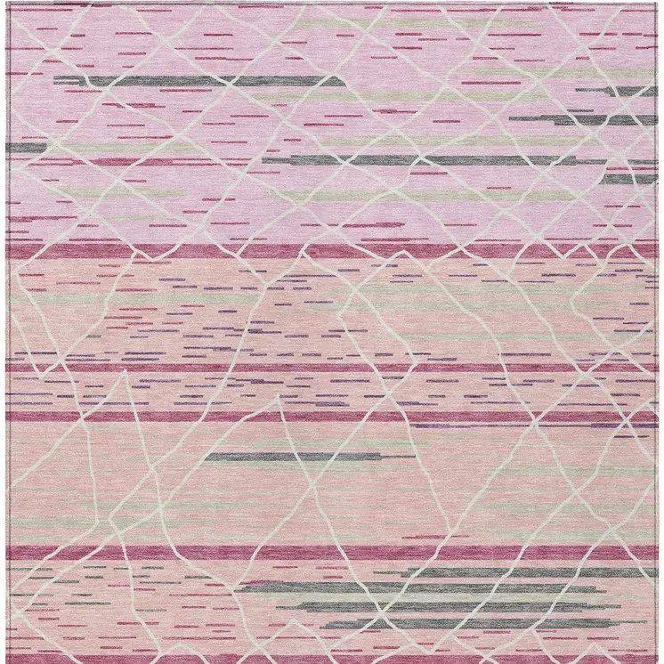 10' X 14' Pink Gray And Ivory Striped Washable Indoor Outdoor Area Rug