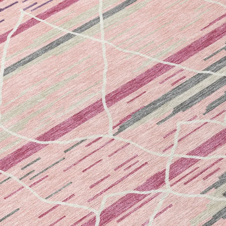10' X 14' Pink Gray And Ivory Striped Washable Indoor Outdoor Area Rug
