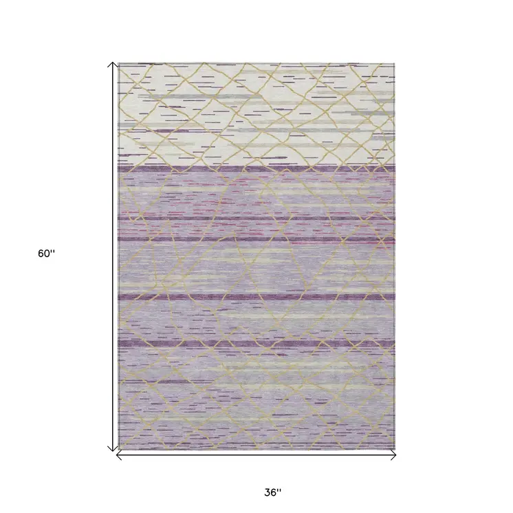 3' X 5' Purple Brown And Beige Striped Washable Indoor Outdoor Area Rug