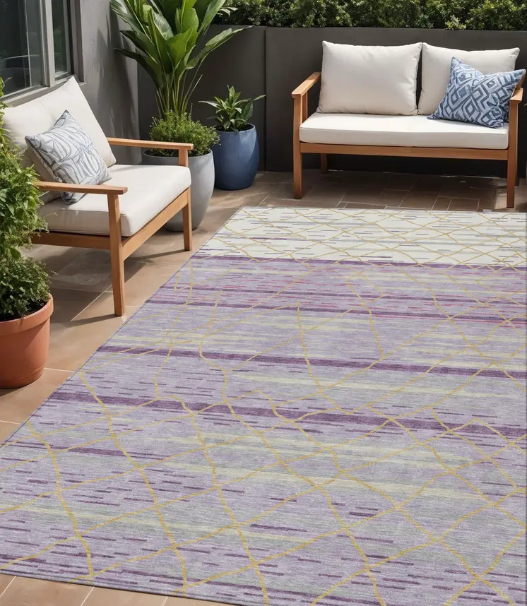 5' X 8' Purple Brown And Beige Striped Washable Indoor Outdoor Area Rug