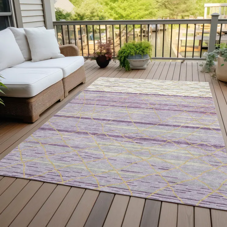 5' X 8' Purple Brown And Beige Striped Washable Indoor Outdoor Area Rug