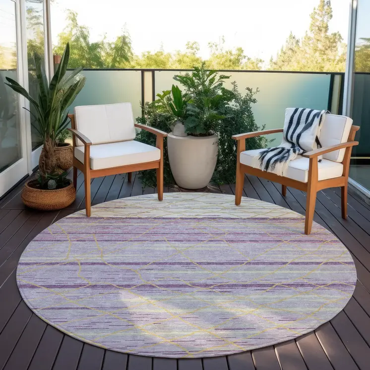 8' Purple Brown And Beige Round Striped Washable Indoor Outdoor Area Rug