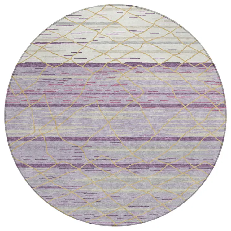 8' Purple Brown And Beige Round Striped Washable Indoor Outdoor Area Rug