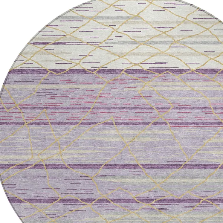 8' Purple Brown And Beige Round Striped Washable Indoor Outdoor Area Rug