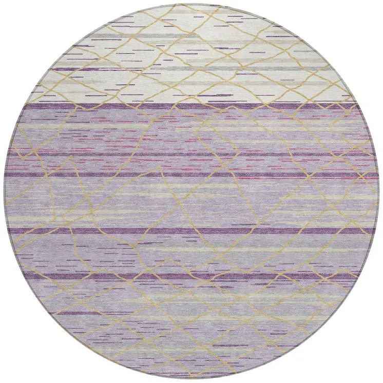 8' Purple Brown And Beige Round Striped Washable Indoor Outdoor Area Rug
