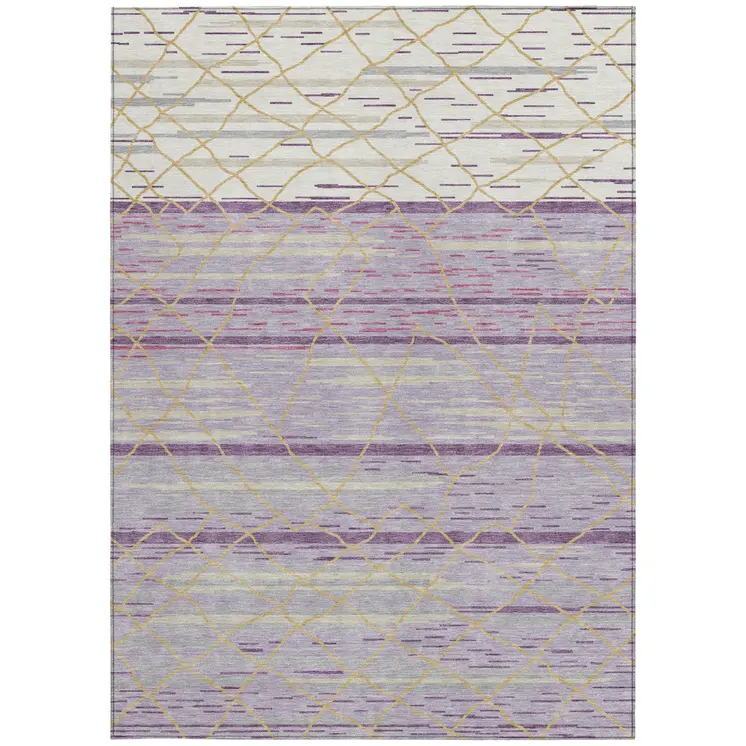 9' X 12' Purple Brown And Beige Striped Washable Indoor Outdoor Area Rug
