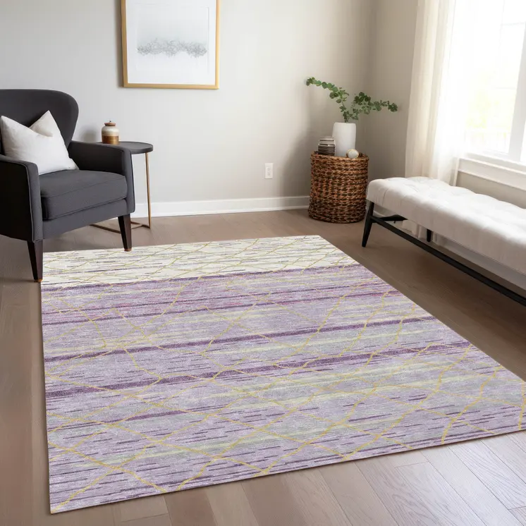 9' X 12' Purple Brown And Beige Striped Washable Indoor Outdoor Area Rug