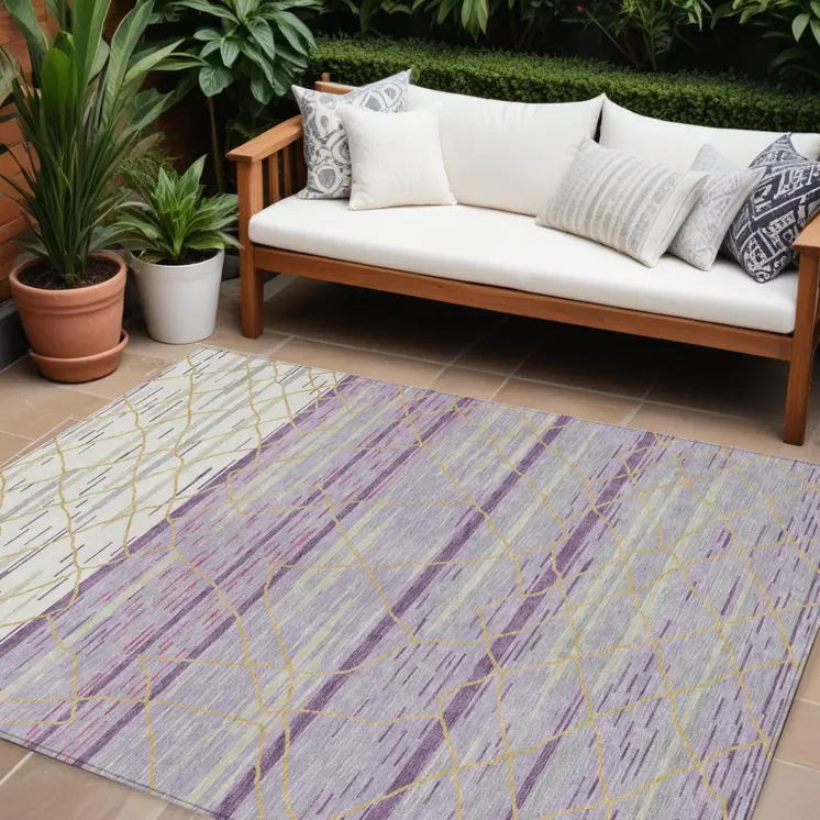 10' X 14' Purple Brown And Beige Striped Washable Indoor Outdoor Area Rug