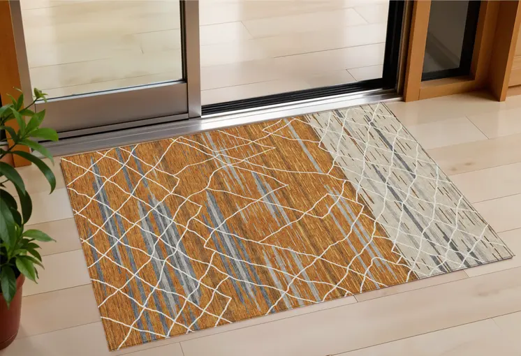 3' X 5' Terra Cotta Beige And Ivory Striped Washable Indoor Outdoor Area Rug