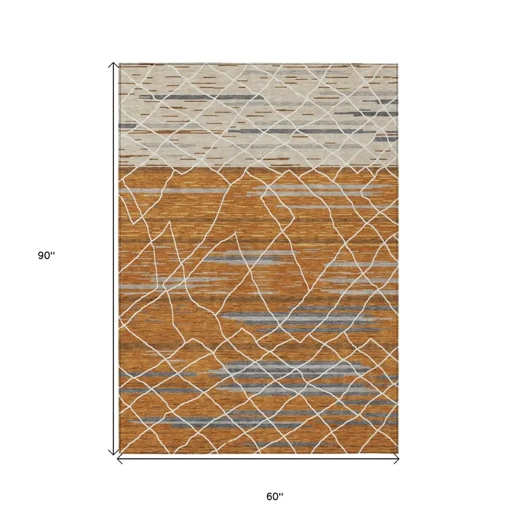 5' X 8' Terra Cotta Beige And Ivory Striped Washable Indoor Outdoor Area Rug
