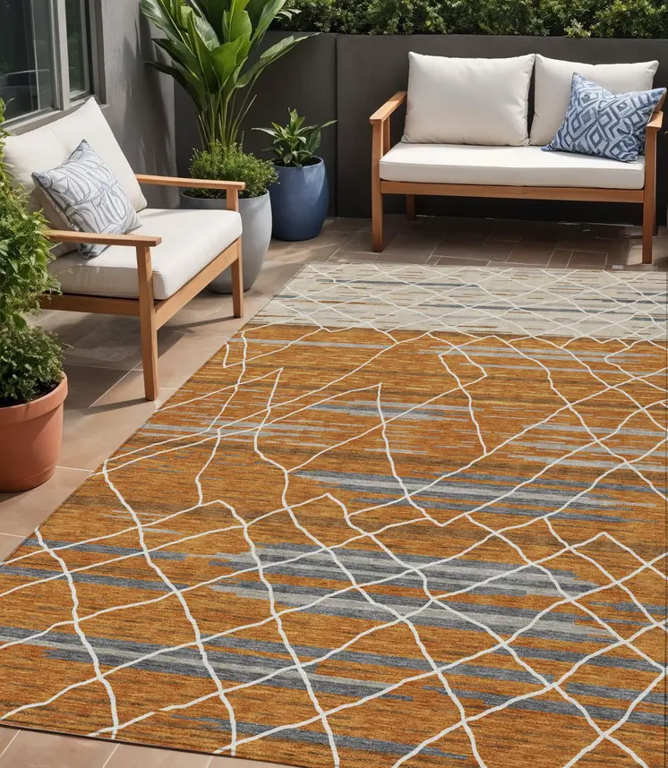 5' X 8' Terra Cotta Beige And Ivory Striped Washable Indoor Outdoor Area Rug