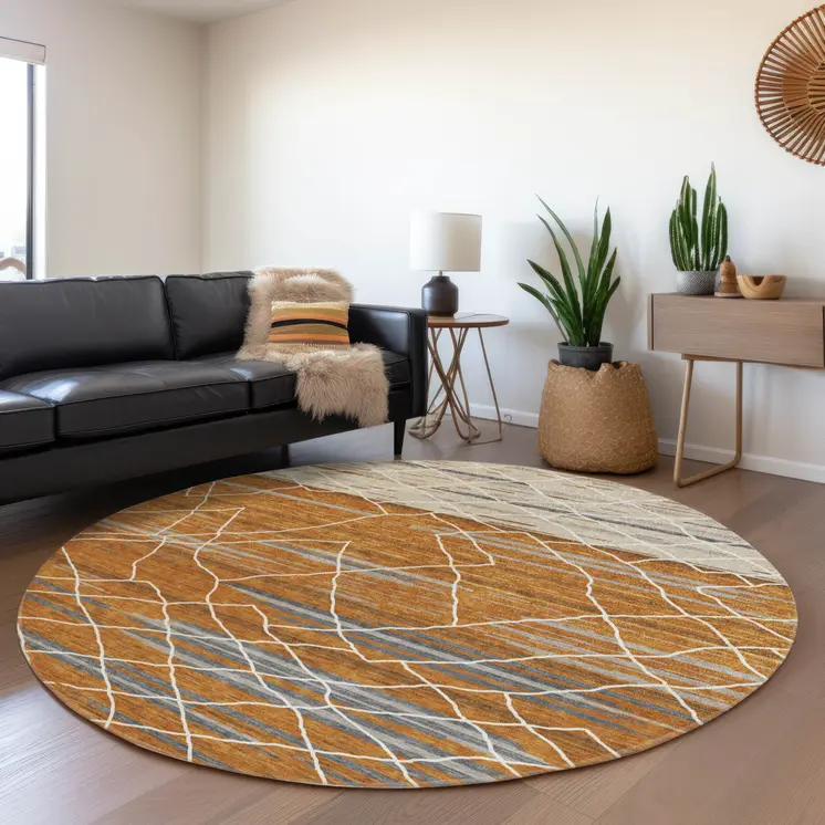 8' Terra Cotta Beige And Ivory Round Striped Washable Indoor Outdoor Area Rug