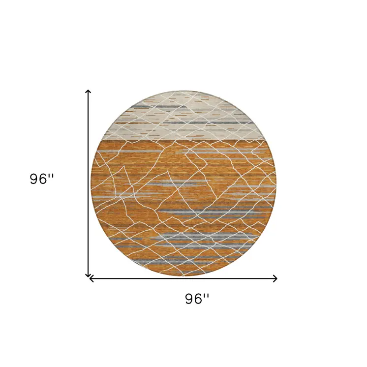 8' Terra Cotta Beige And Ivory Round Striped Washable Indoor Outdoor Area Rug